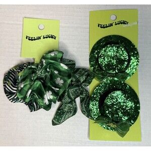 Bundle St Patrick’s Set Of 2 Leprechaun Hat Clips & 3 Pk Shamrock Scrunchies NEW